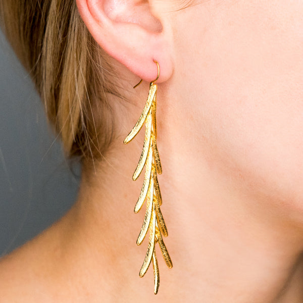Satin Gold Leaves Drop Fishhook Pierced Earrings