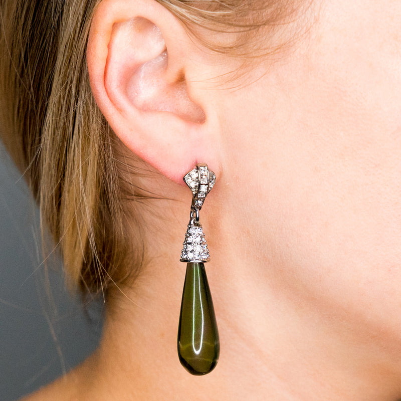 Silver and Crystal Cap Tapered Teardrop Emerald Pierced or Clip Earrings