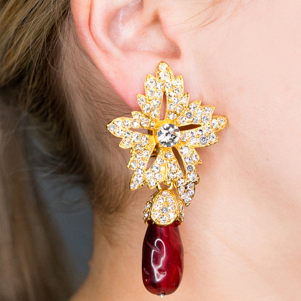 Gold Crystal Flower Top Ruby Teardrop Clip Earrings