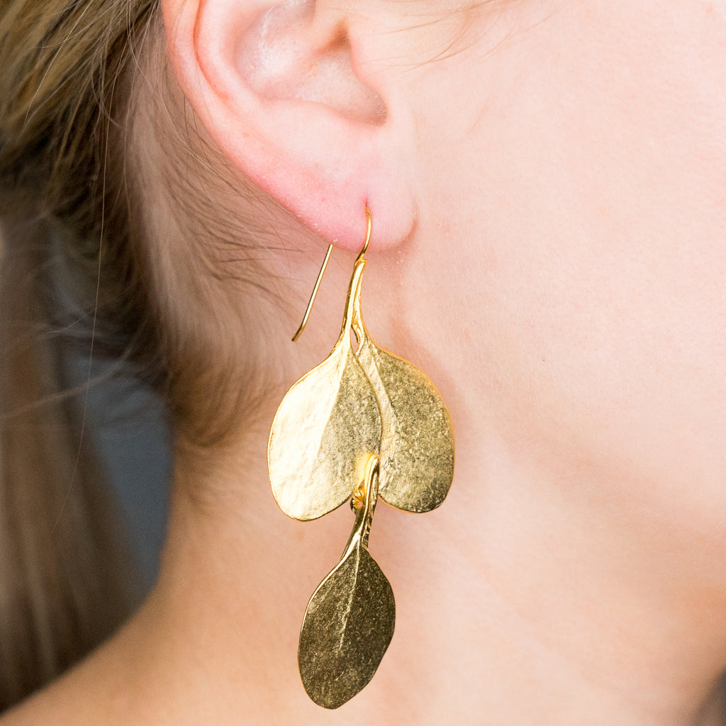 Satin Gold Long Leaf Pierced Earrings