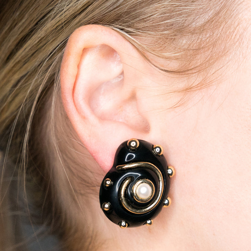 Black with Gold Dots and Pearl Center Shell Clip Earrings
