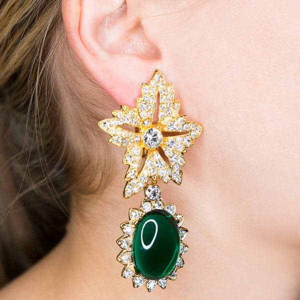 Gold Crystal Flower Top Emerald Cab Drop Clip Earrings