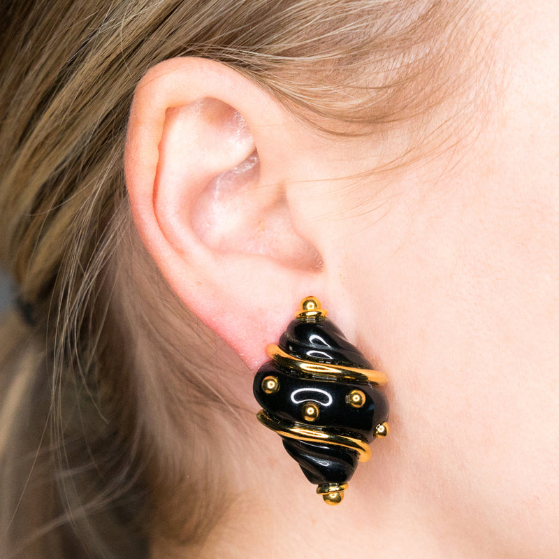 Black Small Shell with Gold Dots Clip Earrings