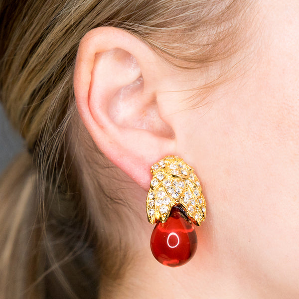 Gold, Rhinestone And Ruby Clip Earrings