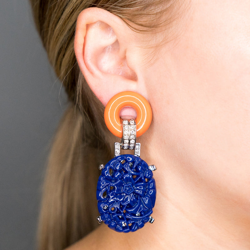 Coral Top Carved Lapis Drop Deco Clip Earrings