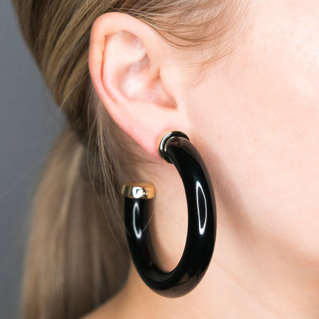 Large Polished Black Resin Gold Ends Hoop Pierced Earrings