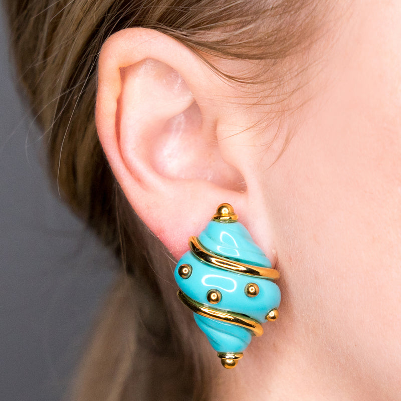 Turquoise Shell with Gold Dots Clip Earrings