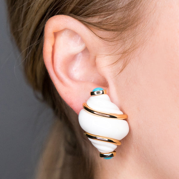Polished Gold White Shell with Turquoise Tip Clip Earrings