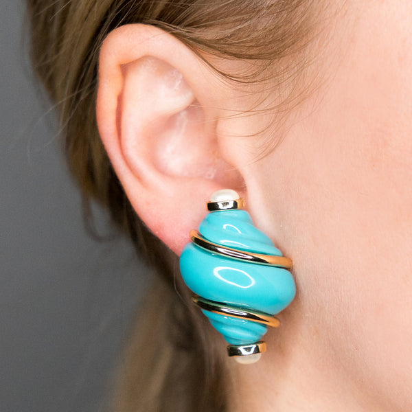 Gold Turquoise & Pearl Tip Shell Clip Earrings