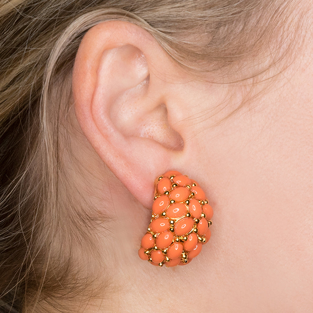 Coral Cabochon Hoop Clip Earrings