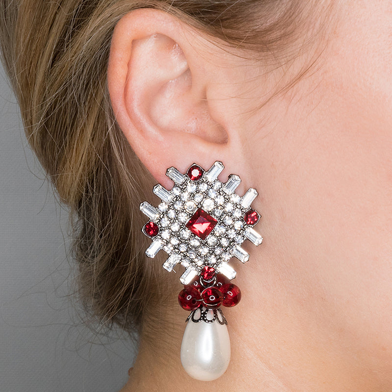 Ruby and White Pearl Drop Pierced or Clip Earrings