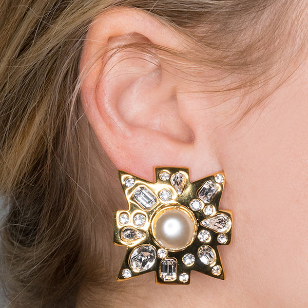 Crystal And White Pearl Maltese Cross Clip Earrings
