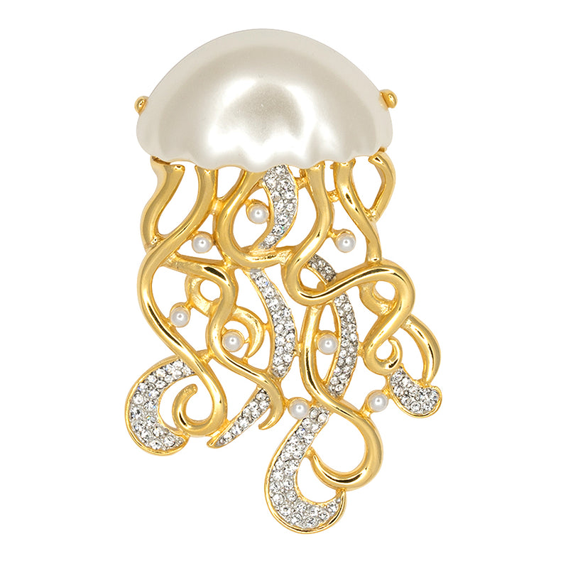 Gold & Pearl Jellyfish Pin by Kenneth Jay Lane Luxurious jellyfish pin Jellyfish inspired pin Pearl top, rhinestones, and polished gold Perfect for any outfit A must-have for any jewelry collection Shop this jellyfish pin today and add a touch of luxury to your look