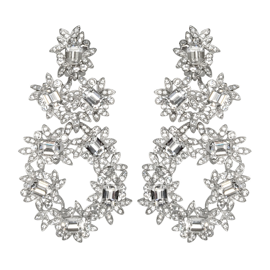Silver & Crystal Flower Clip Earrings