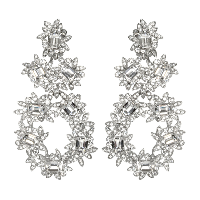 Silver & Crystal Flower Clip Earrings