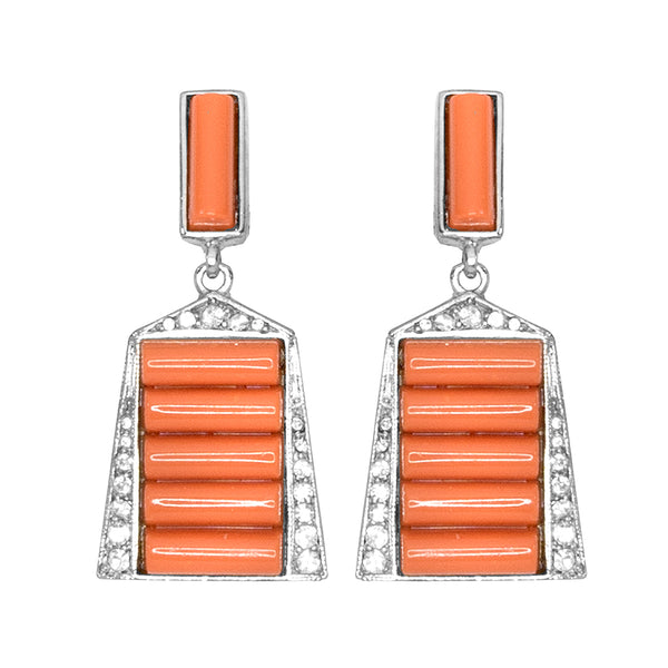 18K and Platinum Coral, Onyx and Diamond Art Deco Earrings