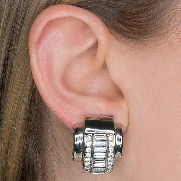 Silver & Crystal Baguette Clip Earrings