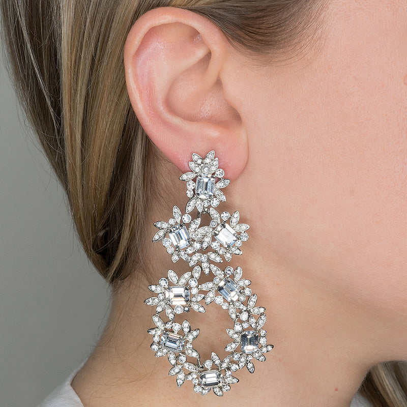 Silver & Crystal Flower Clip Earrings