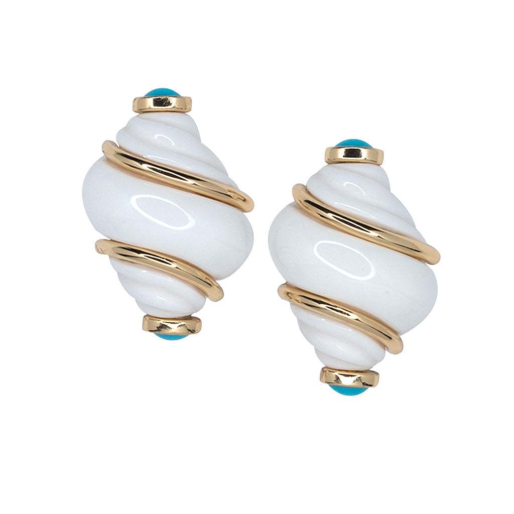 Polished Gold White Shell with Turquoise Tip Clip Earrings