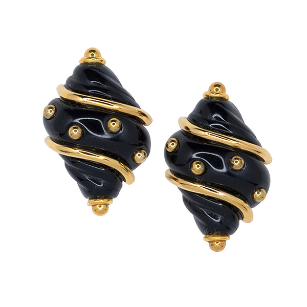 Black Small Shell with Gold Dots Clip Earrings