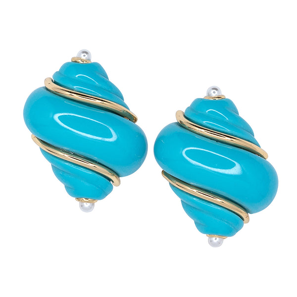 Gold Turquoise & Pearl Tip Shell Clip Earrings