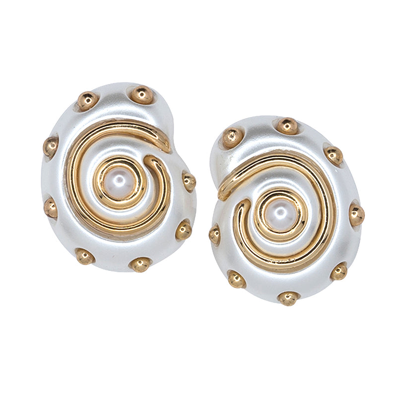 White Pearl with Gold Dots and Pearl Center Shell Clip Earrings –