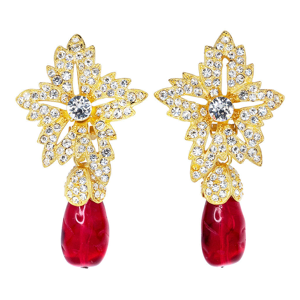 Gold Crystal Flower Top Ruby Teardrop Clip Earrings