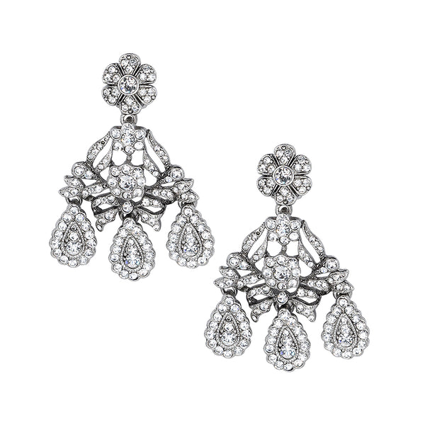 Antique Silver and Crystal Drop Clip Earrings