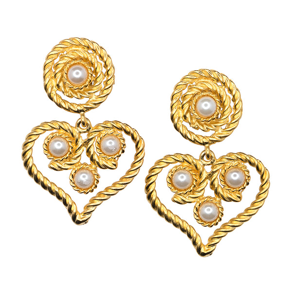Satin Gold Heart Drop White Pearl Clip Earrings