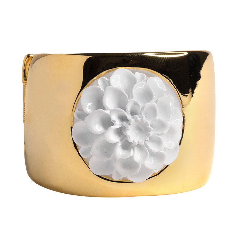 Polished Gold Cuff with White Flower Motif