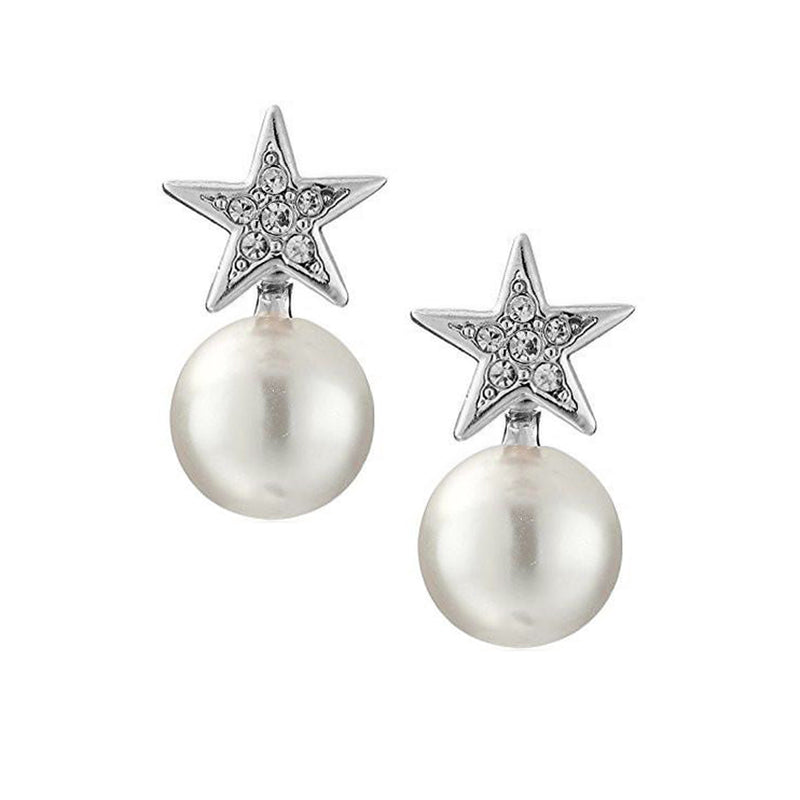 Silver Crystal Star Front 14MM White Pearl Pierced Earrings