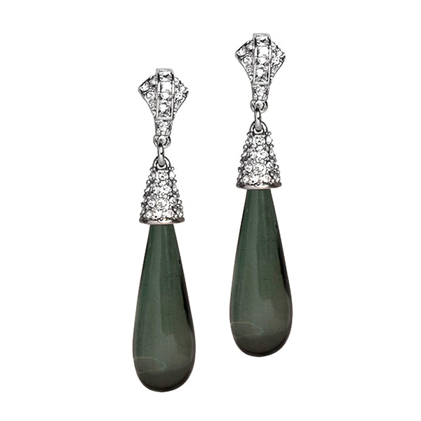 Silver and Crystal Cap Tapered Teardrop Emerald Pierced or Clip Earrings