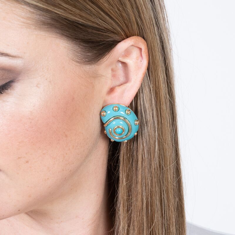 Turquoise with Gold Dots Shell Clip Earrings