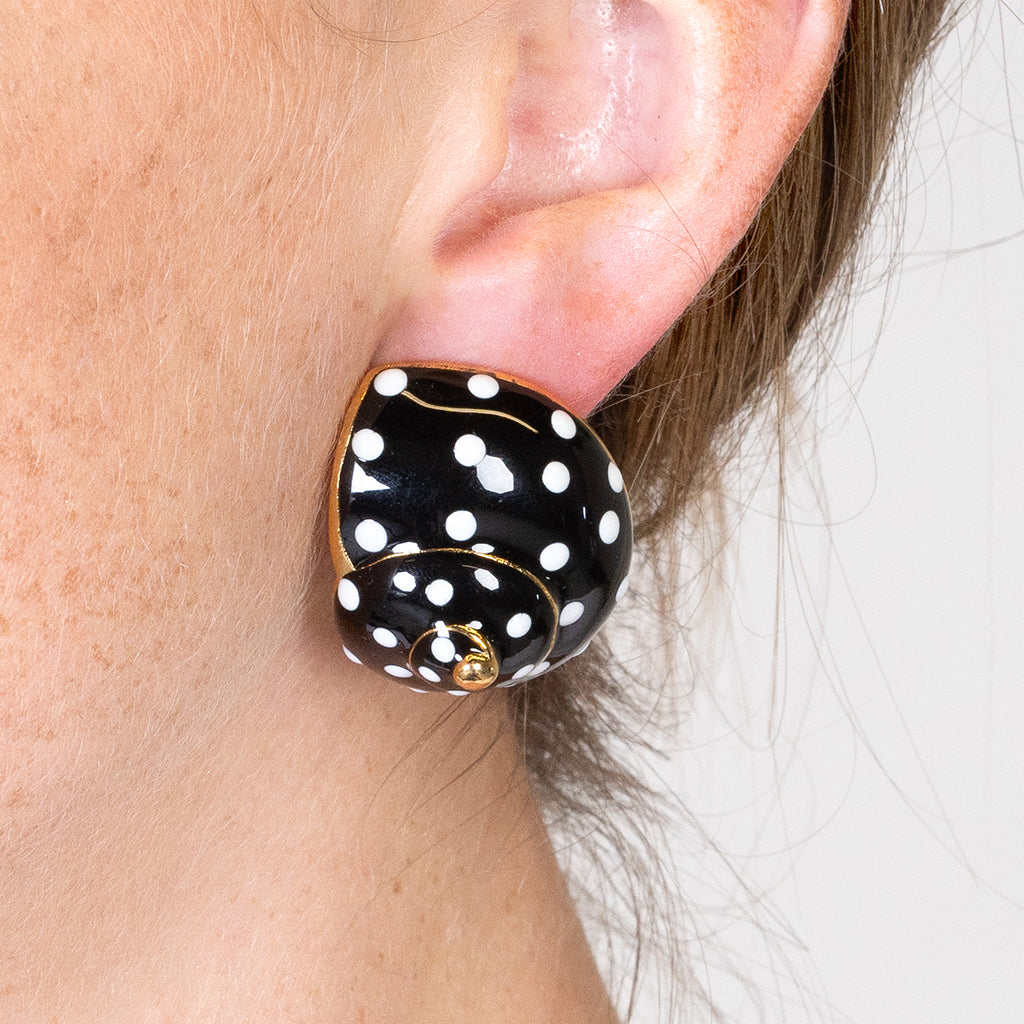 Black with White Dots Shell Clip Earrings