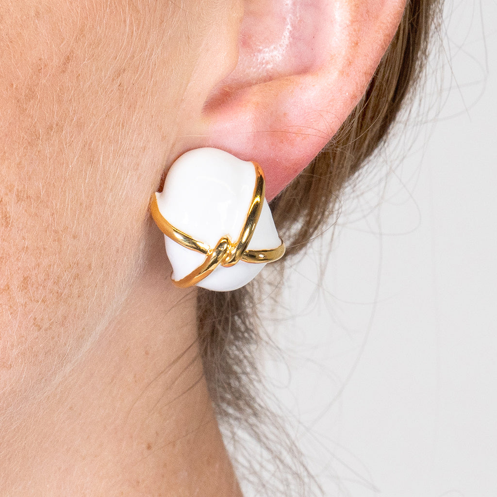 "X" White Button Clip Earring