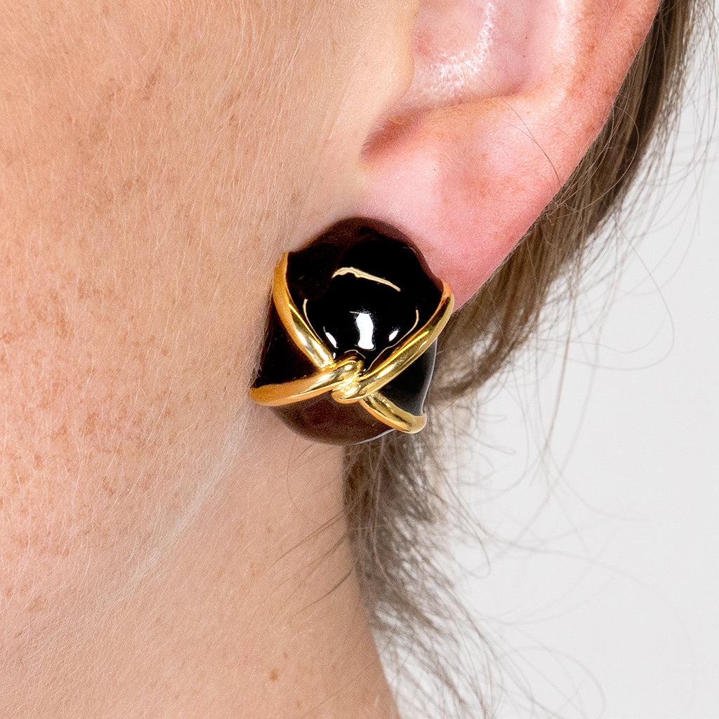 "X" Black Button Clip Earring