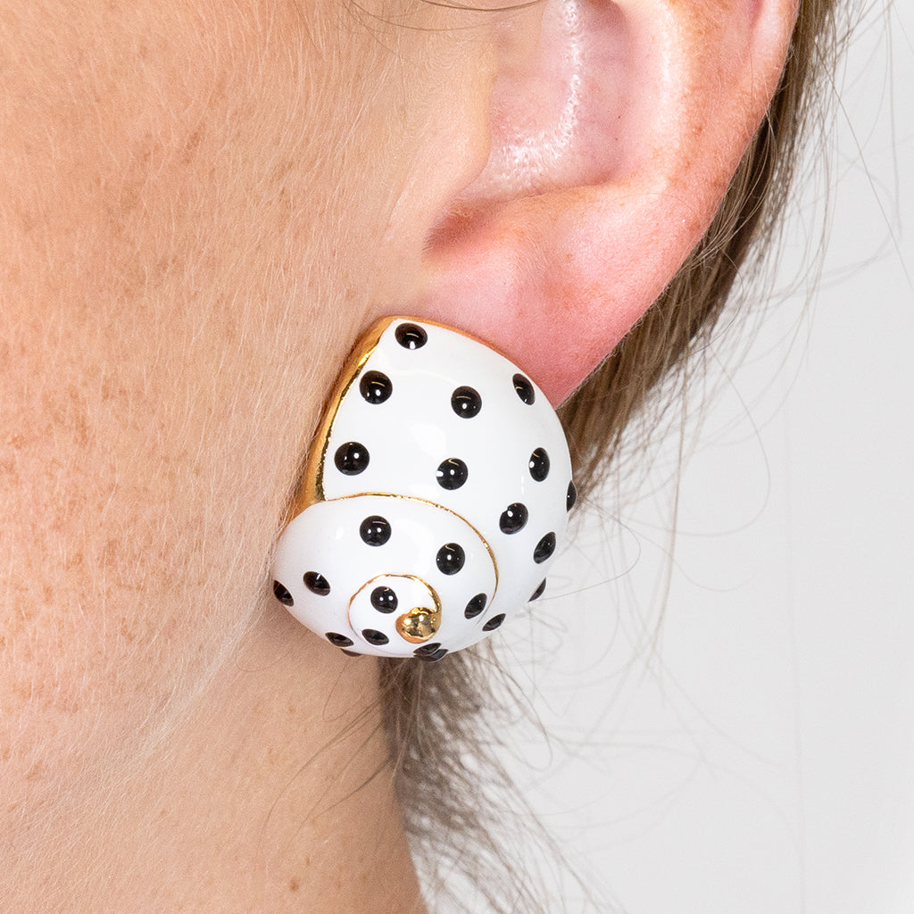 White with Black Dots Shell Clip Earrings