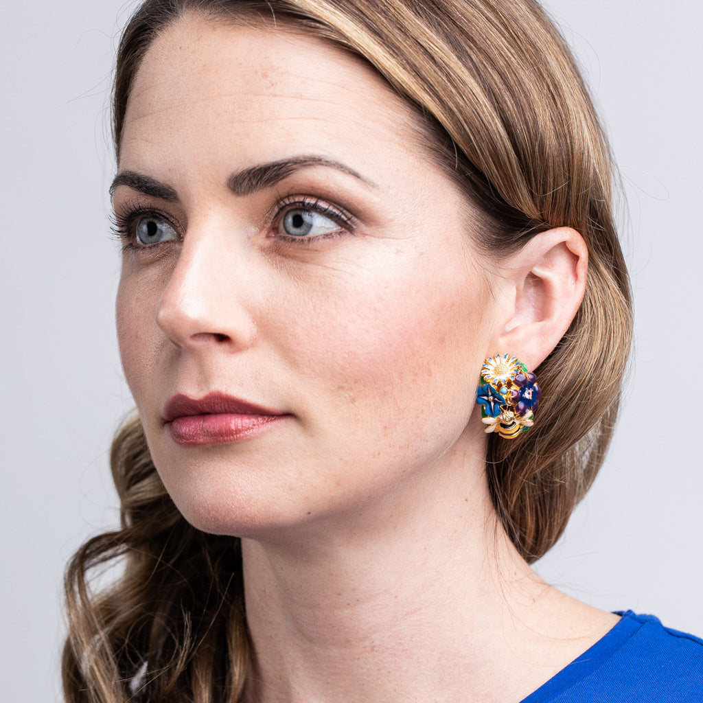 Gold Multi Colored Flower Bug Clip Earrings