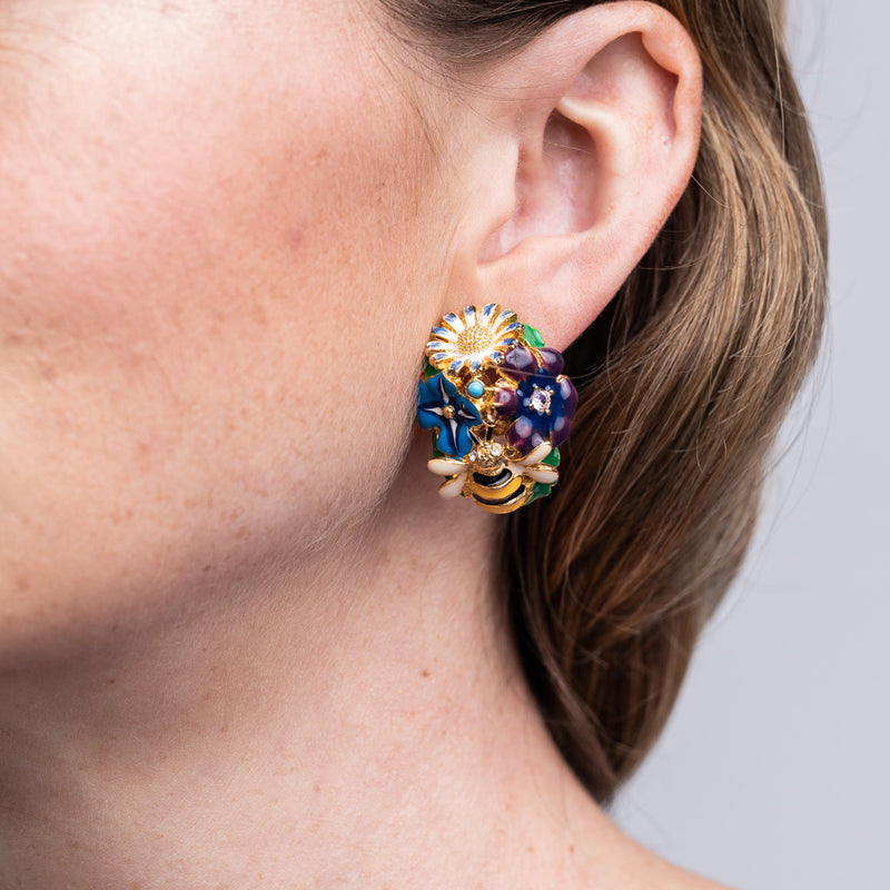 Gold Multi Colored Flower Bug Clip Earrings