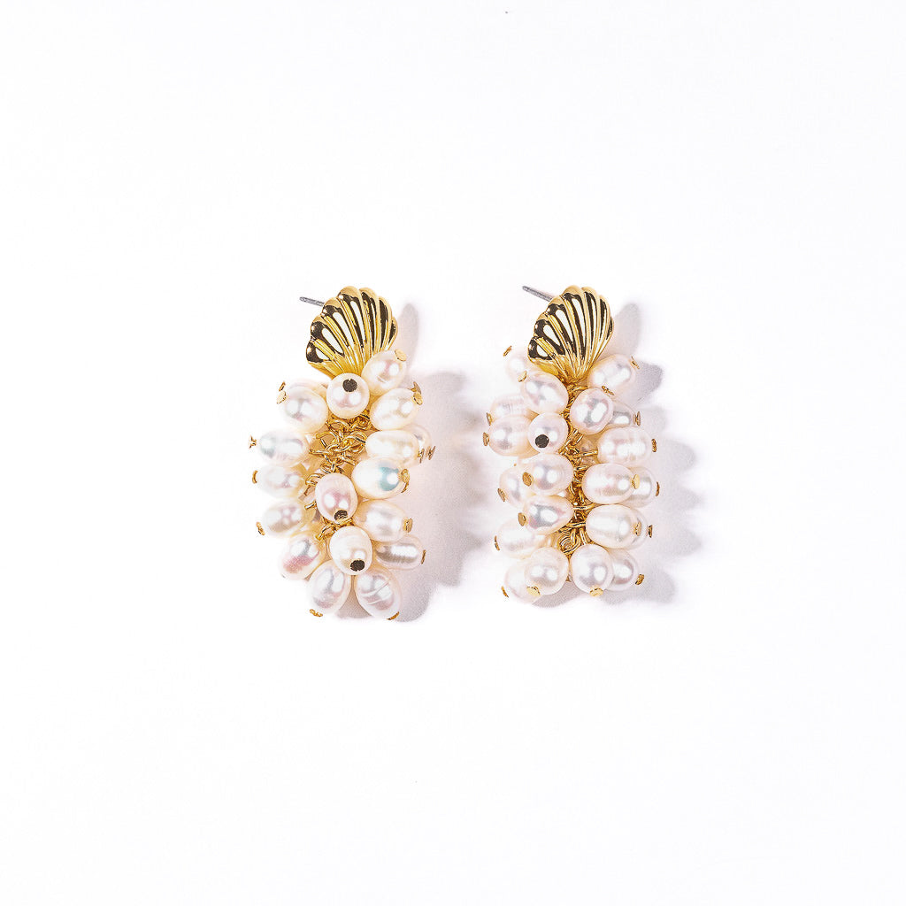 Gold Shell and White Pearl Clusters Drop Earring