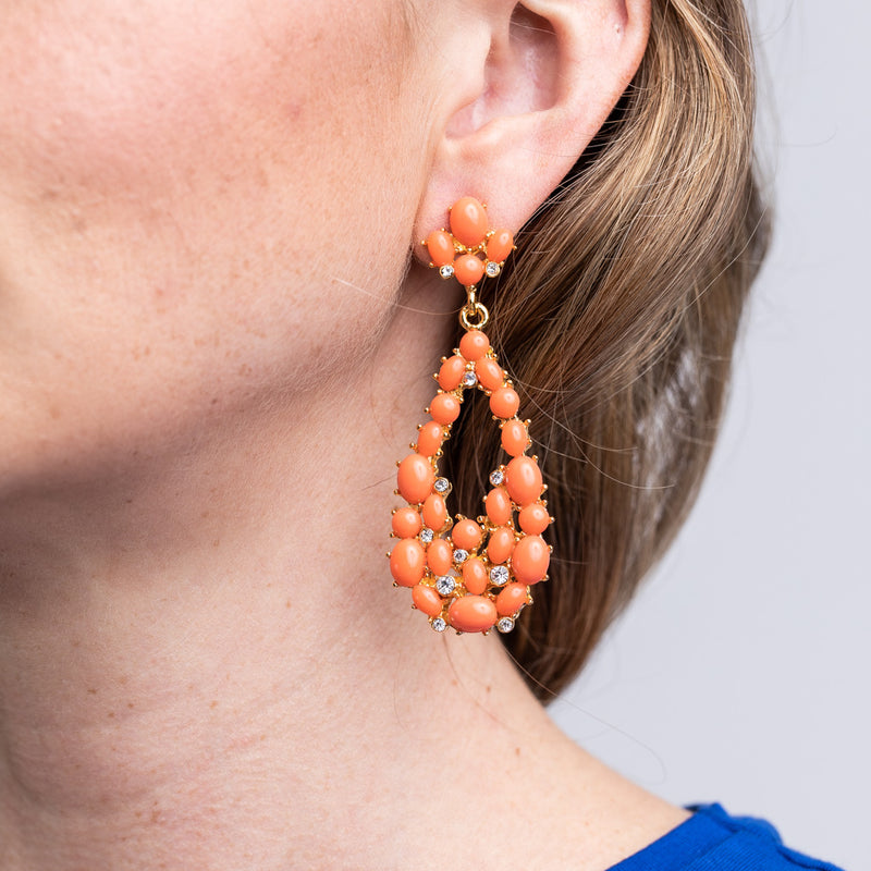 Coral Cabochon Teardrop Pierced Earrings