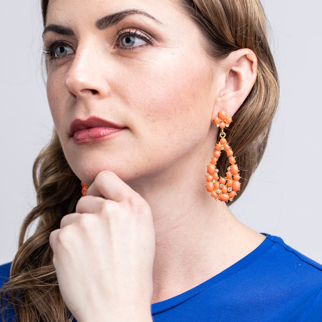 Coral Cabochon Teardrop Pierced Earrings