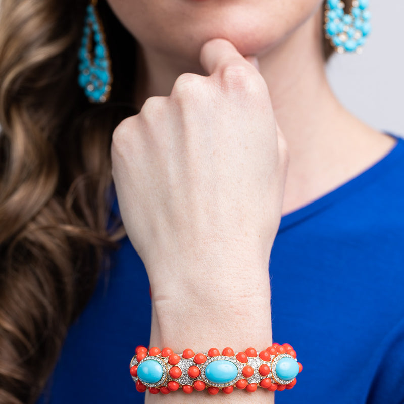 Turquoise and Coral Cabochon Bracelet