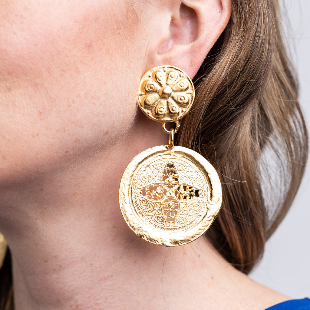 Satin Gold Coin Drop Clip Earrings