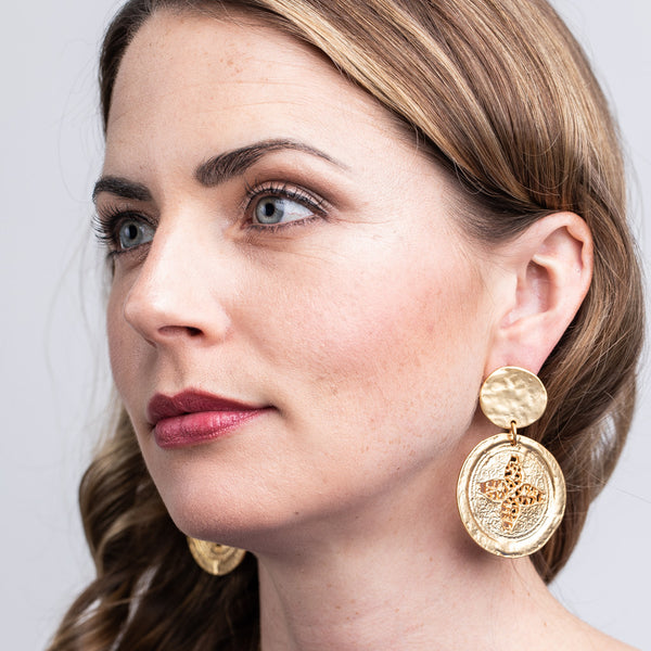 Satin Gold Carved Coin Drop Earrings