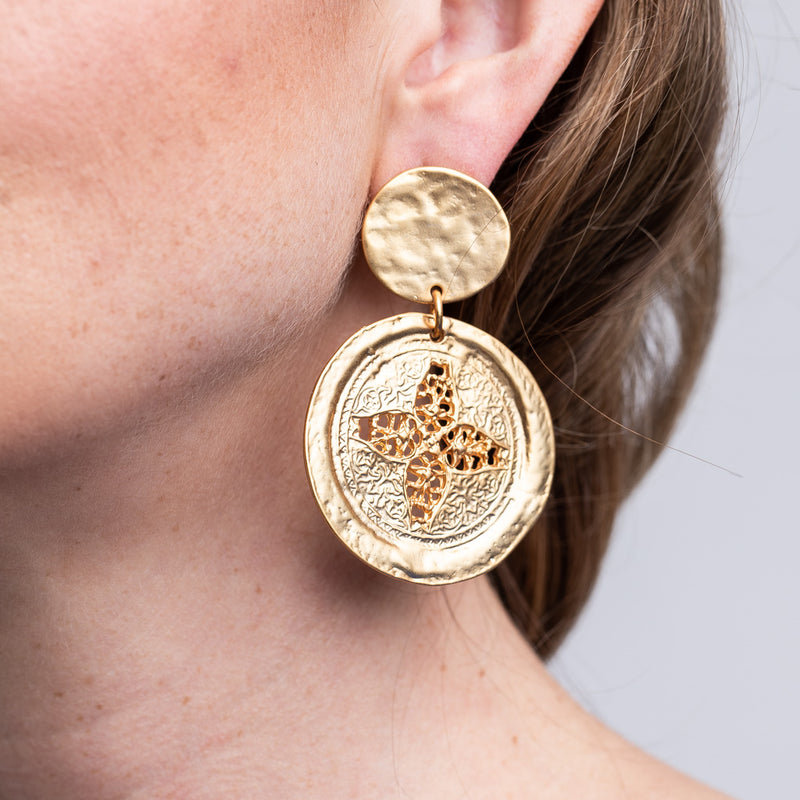Satin Gold Carved Coin Drop Earrings