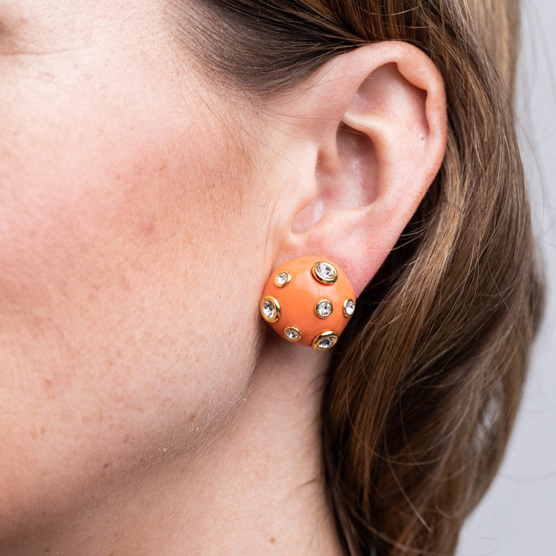 Coral Domed Gold Clip Earrings with Crystals