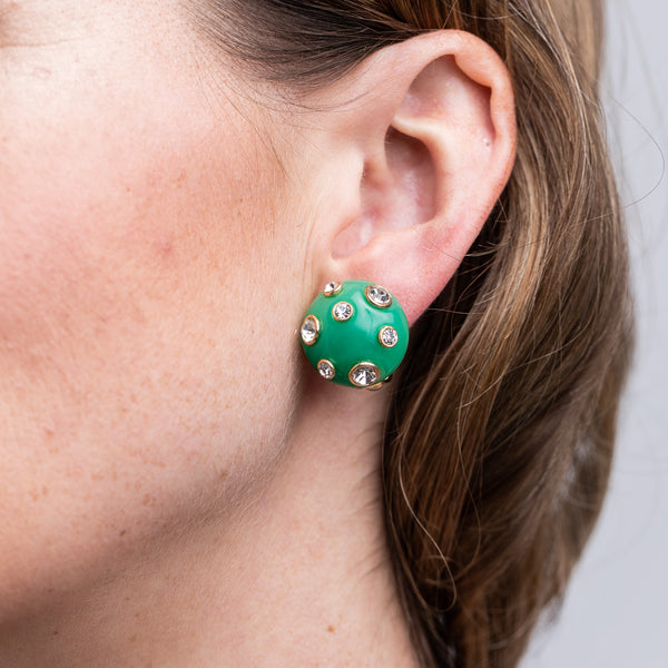 Jade Domed Gold Clip Earrings with Crystals