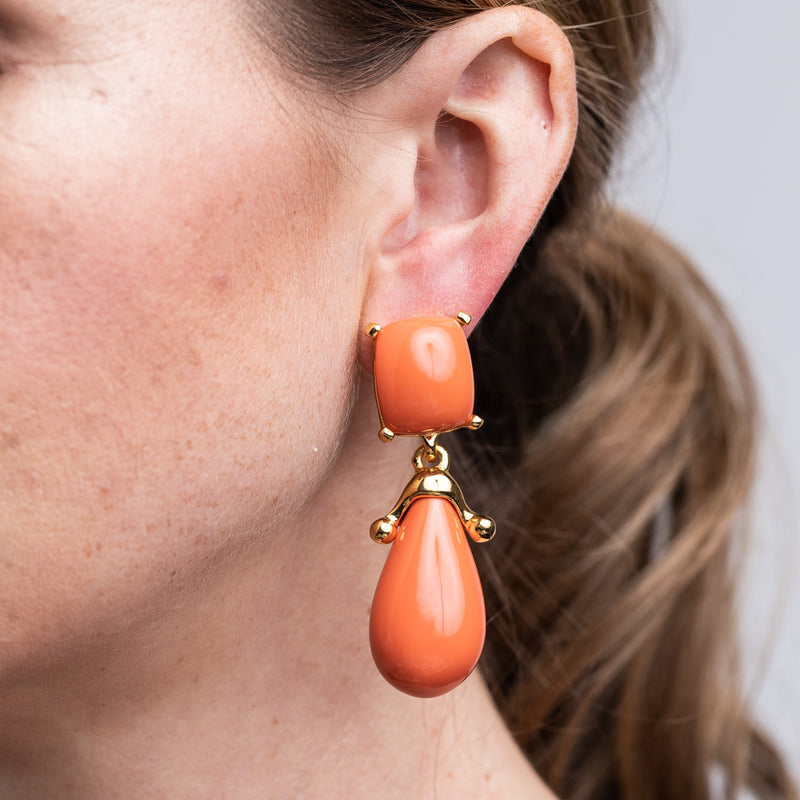 Coral Square Top Drop Clip Earrings