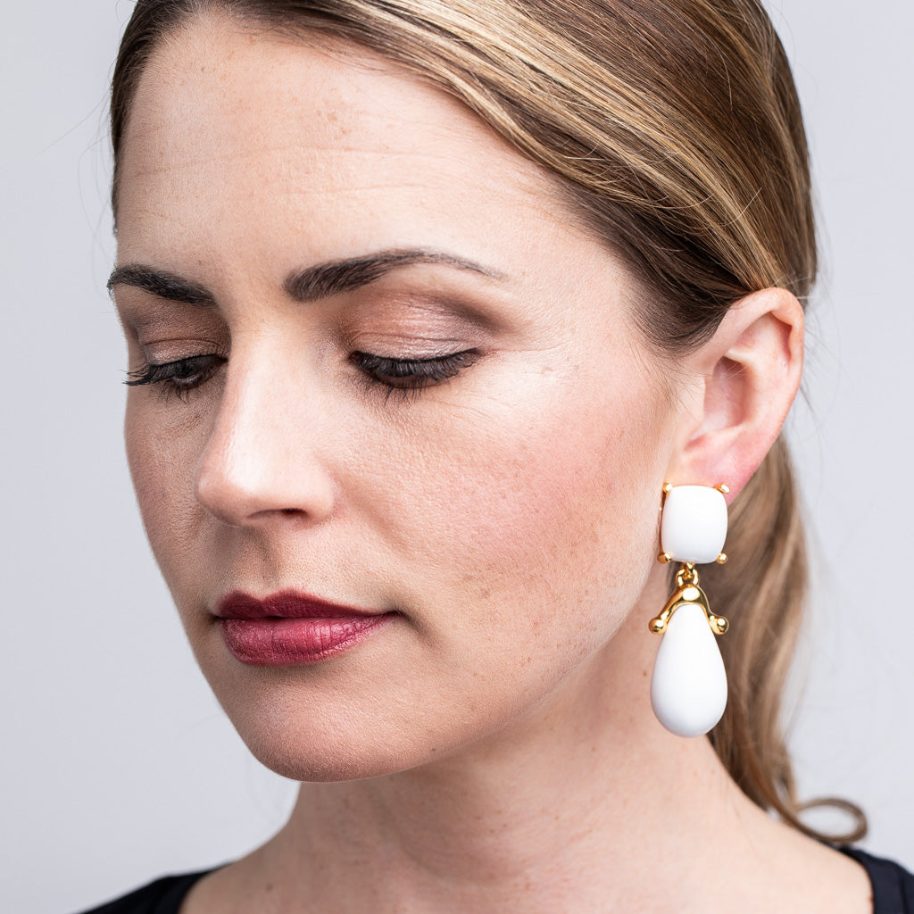 White Square Top Drop Clip Earrings